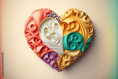 Colorful beautiful love heart made with origami paper style. A card for Valentine's Day. 3D render. Generative AI illustrations.