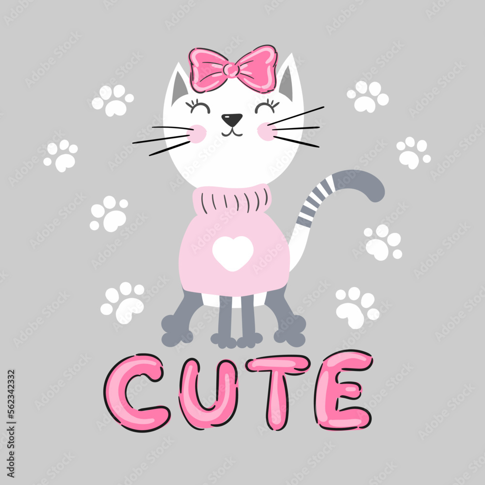 cute cat print vector art, slogan with cute kitten