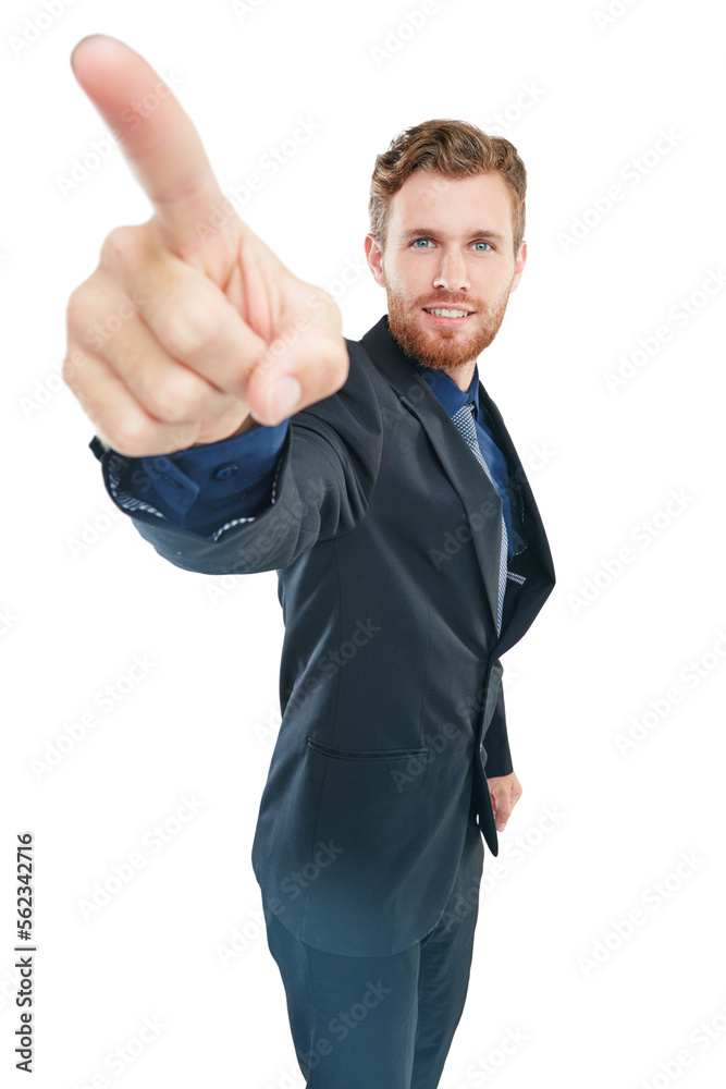 Businessman, studio portrait and pointing with hand for vision, future or success by white background. Isolated man, corporate suit and hand sign with smile, goals or happy for professional aesthetic Businessman, studio portrait and pointing with hand for vision, future or success by white background. Isolated man, corporate suit and hand sign with smile, goals or happy for professional aesthetic