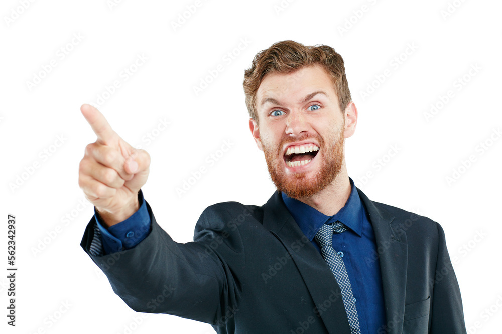 Portrait, angry and businessman pointing in studio, frustrated and shouting on white background. Stress, threat and hand sign or warning, conflict or bullying, direction and aggression while isolated Portrait, angry and businessman pointing in studio, frustrated and shouting on white background. Stress, threat and hand sign or warning, conflict or bullying, direction and aggression while isolated