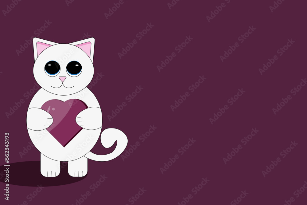 Big horizontal valentines day banner with cartoon cat with big eyes and heart in the hands on viva magenta background with copy space. Valentine concept with white kitty. Website poster. Big horizontal valentines day banner with cartoon cat with big eyes and heart in the hands on viva magenta background with copy space. Valentine concept with white kitty. Website poster.