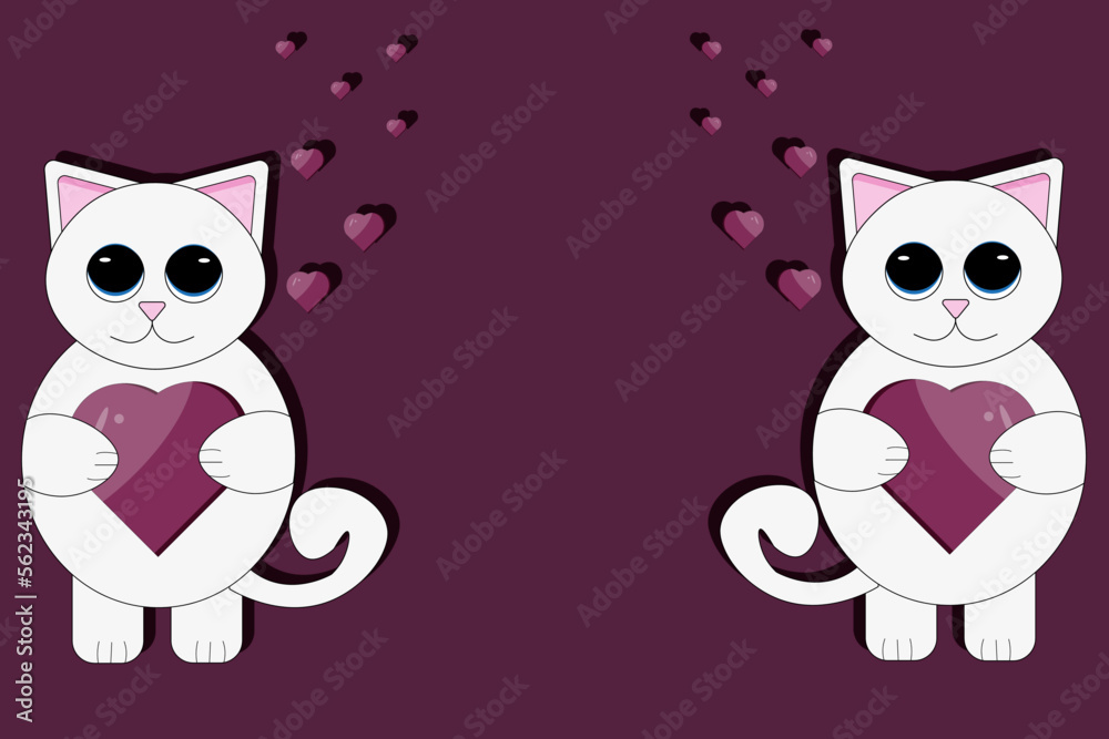 Big horizontal valentines day banner with cartoon cat with big eyes and heart in the hands on viva magenta background with copy space. Valentine concept with white kitty in cut out paper style.