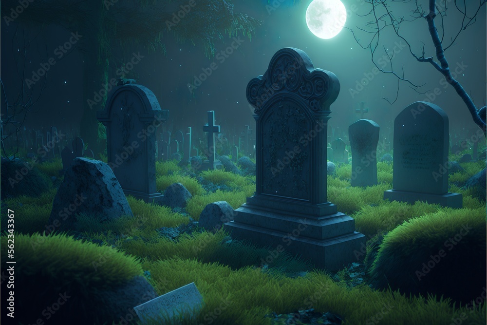 Spooky graveyard with several tombstones covered with moss and vines, meanwhile mystical glowing fog fills the air, in the full moon