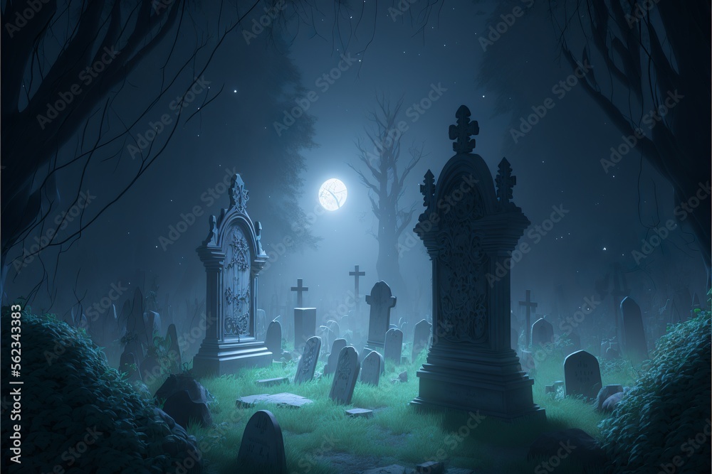 Spooky graveyard with two bigger and many smaller tombstones covered with moss and vines, meanwhile mystical glowing fog fills the air, in the full moon