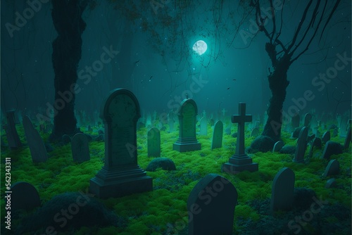 Spooky graveyard with several tombstones covered with vivid green moss and vines, meanwhile mystical glowing fog fills the air, in the full moon © Csaba