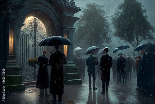People attending funeral ceremony in front of the cemetery gate at daylight with clouds and protect themselves with umbrellas in the rain, very sad vibe