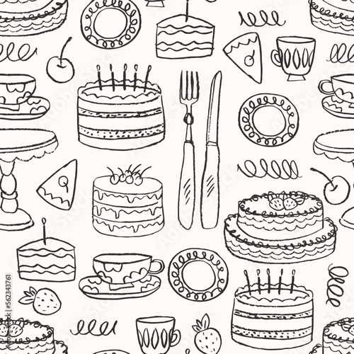 Doodle style bakery seamless pattern. Layered cake with fork and cup. 