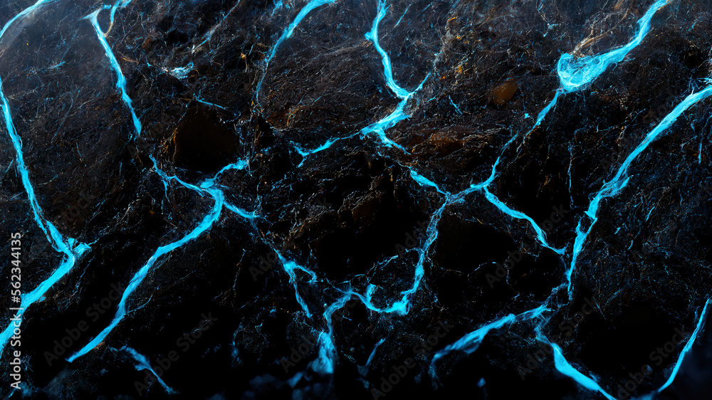 Abstract black marble stone wallpaper with glowing blue cracks. 3D ...