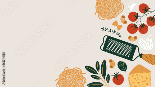 Pasta ingredients. Cheese grater with the different kinds of pasta. Textured illustration. Italian food horizontal background. 