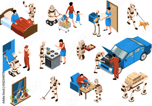 Isometric Robot Assistant Color Icon Set