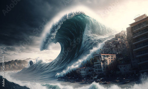 Huge tsunami destroying a city. Dramatic scenery with a big wave flooding the lanscape. Natural disaster concept art. Generative ai