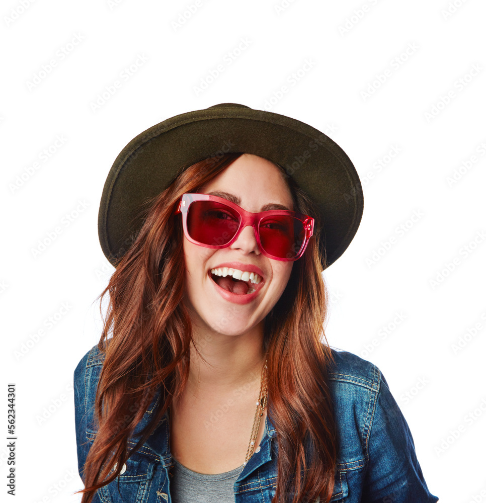 Portrait, fashion and sunglasses with a model woman in studio isolated on a white background for a clothes brand. Face, style and hat with an attractive young female posing to promote trendy clothes Portrait, fashion and sunglasses with a model woman in studio isolated on a white background for a clothes brand. Face, style and hat with an attractive young female posing to promote trendy clothes