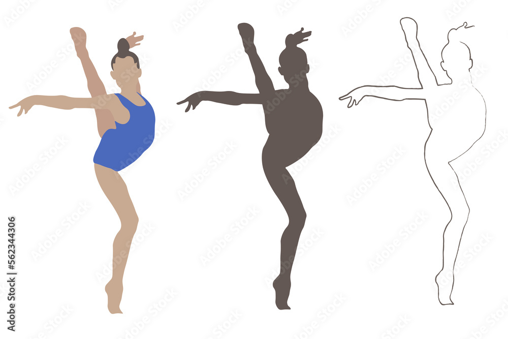 The silhouette of a gymnast, yaka kicked one leg up. Hands gracefully raised to the sides