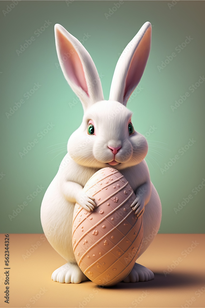 Fototapeta premium Realistic white easter rabbit holding easter egg, 3D render style. Generative AI illustration.