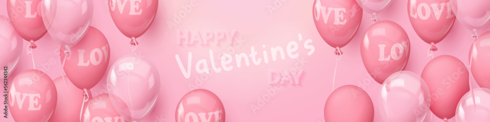 Happy Valentine's Day Banner with pink realistic glossy, matt and clear balloons with word LOVE. Vector illustration for card, party, design, flyer, poster, decor, banner, web, advertising. Happy Valentine's Day Banner with pink realistic glossy, matt and clear balloons with word LOVE. Vector illustration for card, party, design, flyer, poster, decor, banner, web, advertising.
