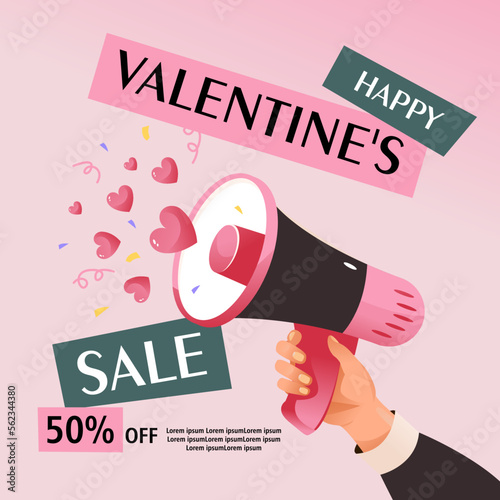 Valentine's day sale. Discount coupon, gift voucher. Hand hold megaphone. A loudspeaker with hearts and confetti. Vector template for flyers, web banners and social network posts.