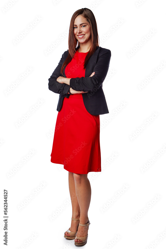 Isolated, business and portrait of woman with arms crossed in white background studio for management, leadership and fashion. Happy, smile and confident with girl standing alone for cute and formal Isolated, business and portrait of woman with arms crossed in white background studio for management, leadership and fashion. Happy, smile and confident with girl standing alone for cute and formal