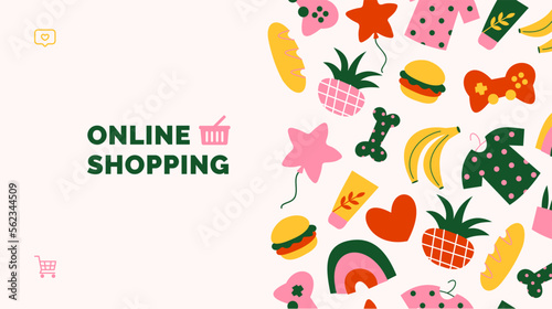Market place banner design template. Online shopping. Various shopping objects. Vector illustration