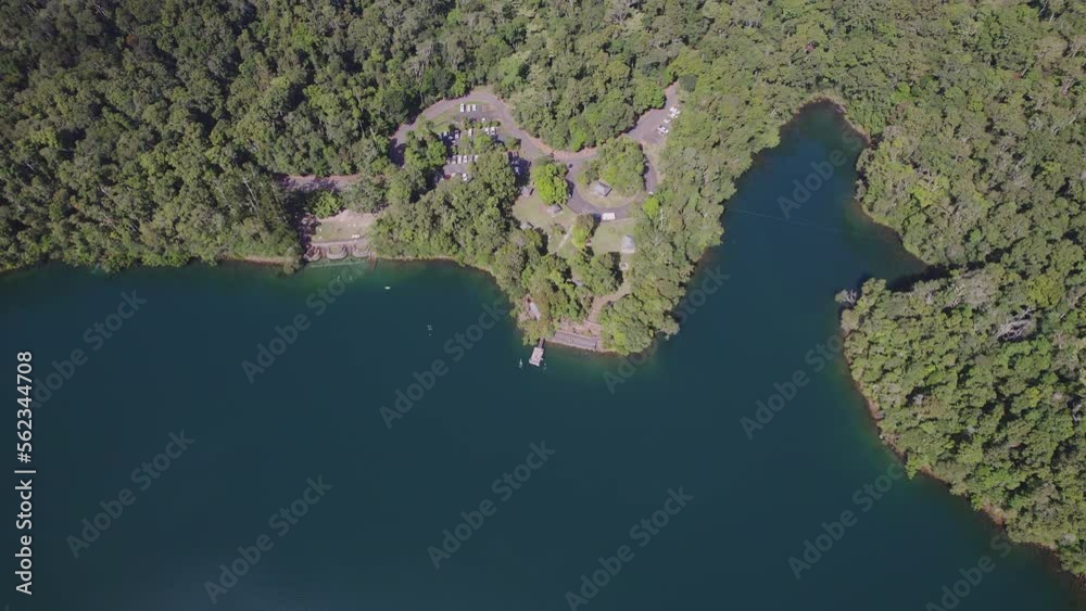 Lake Eacham With Turquoise Water And Lush Vegetation In Atherton Tableland, Queensland, Australia - aerial drone shot