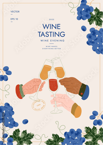 Wine tasting event poster design. People toasting wine. Hands with drinking glasses. Vector illustration