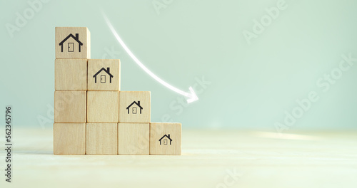 Downsizing home or crisis in the real estate market, housing market crash concept. Reducing demand for home buying. Downsizing property due to retirement or budget. Finding a tiny house or apartment.