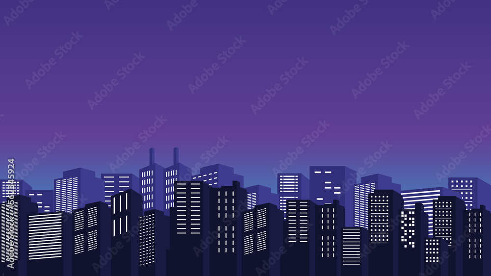 Illustration of a city background with a view of twinkling lights and high rise apartment buildings