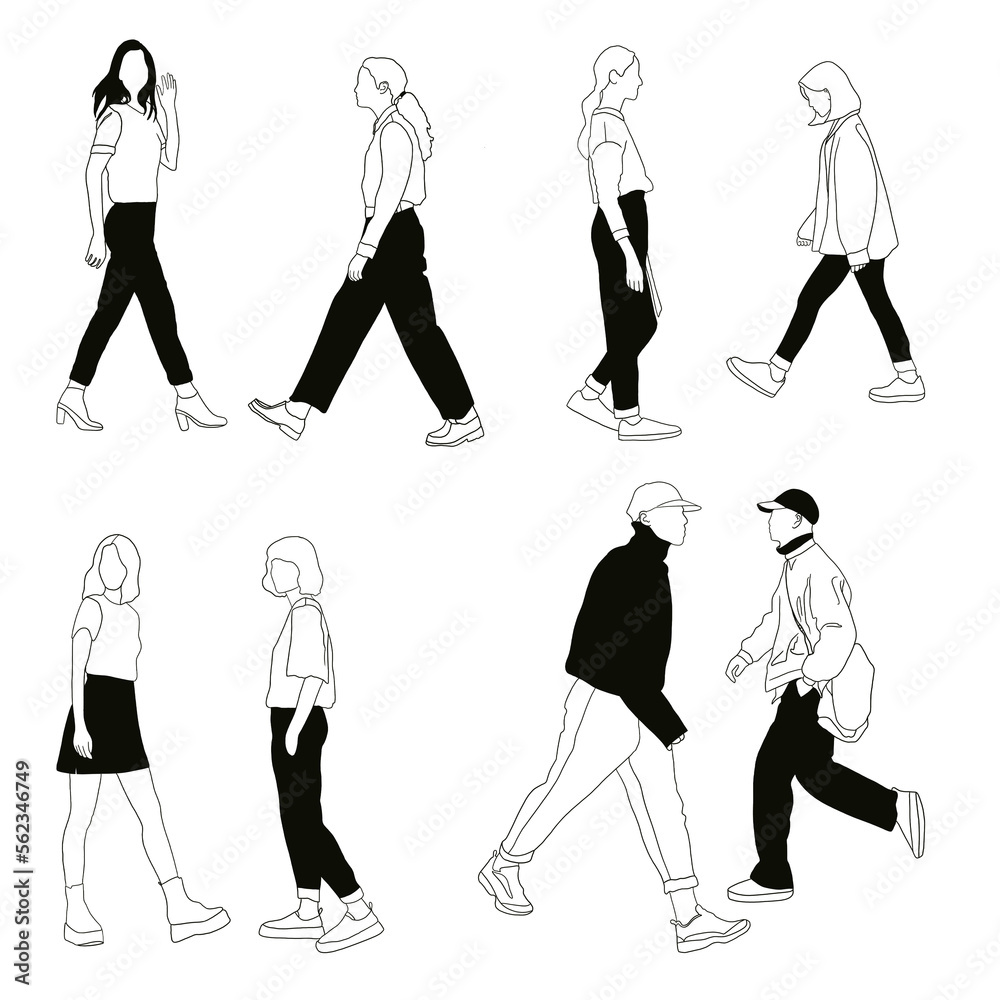 Line drawing of walking people,man and woman conceptual hand drawn