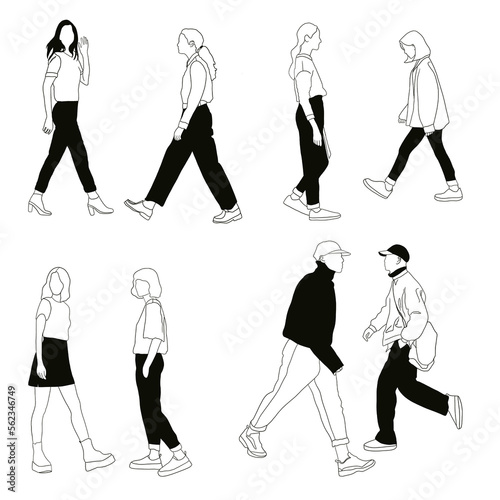 Line drawing of walking people,man and woman conceptual hand drawn minimalism lineart design isolated on white background vector illustration
