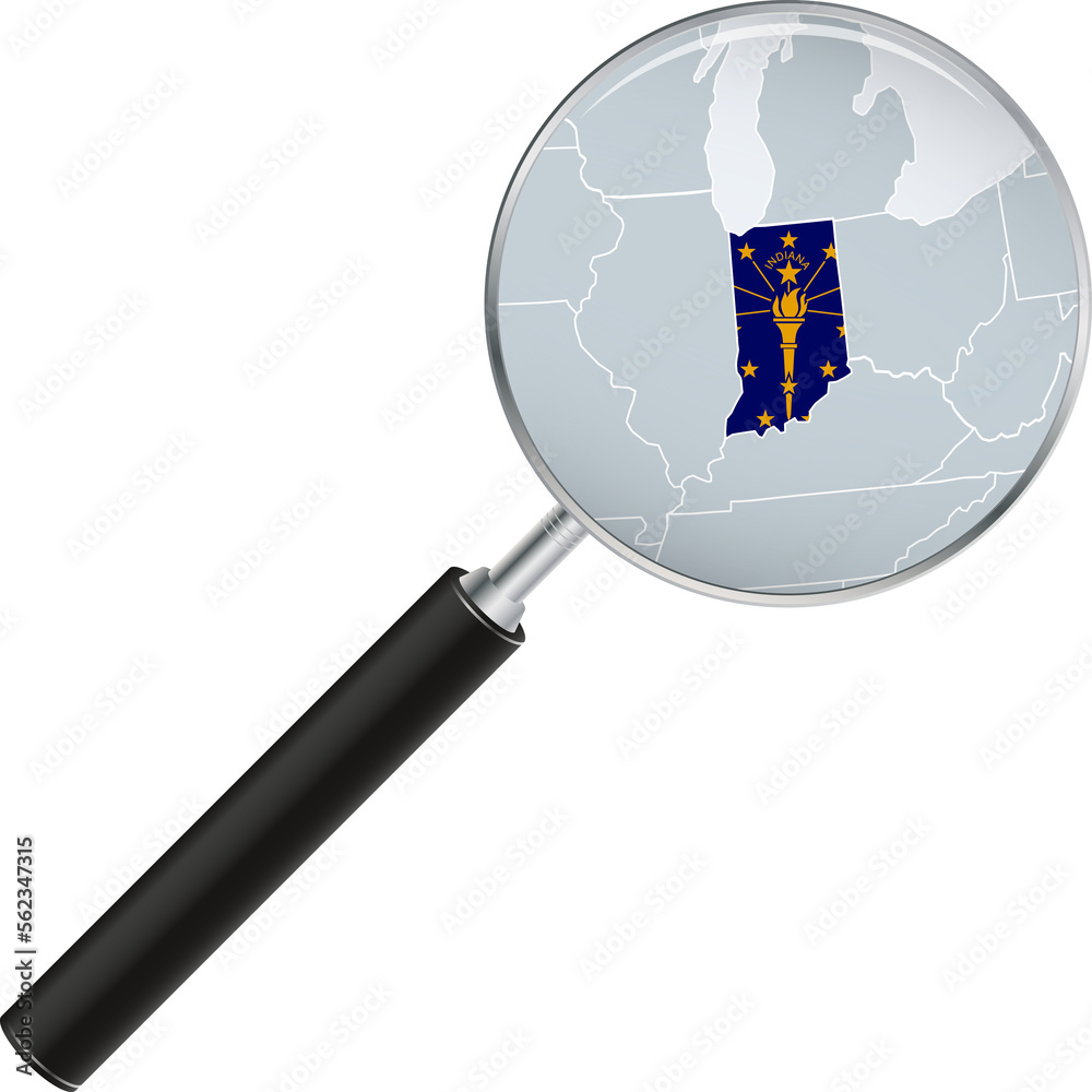 Indiana map with flag in magnifying glass.