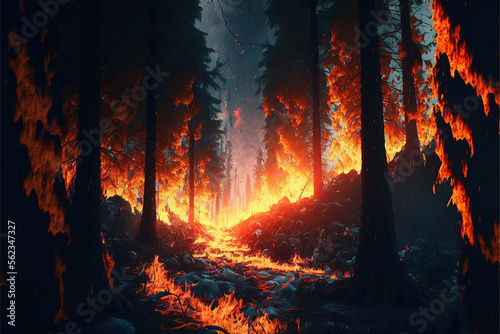 Burning trees in the forest. Forest wildfire. Generative AI