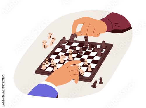 Hands playing strategy game at chess board. Players at chessboard tournament, moving pieces. Strategic decisions in business and politics concept. Flat vector illustration isolated on white background