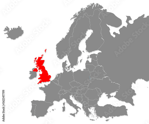 Map of United Kingdom highligted with red in Europe Map