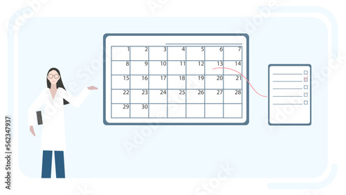 The concept of planning and self-organization. The girl points to the calendar and to-do list, with a tick mark. Flat vector illustration
