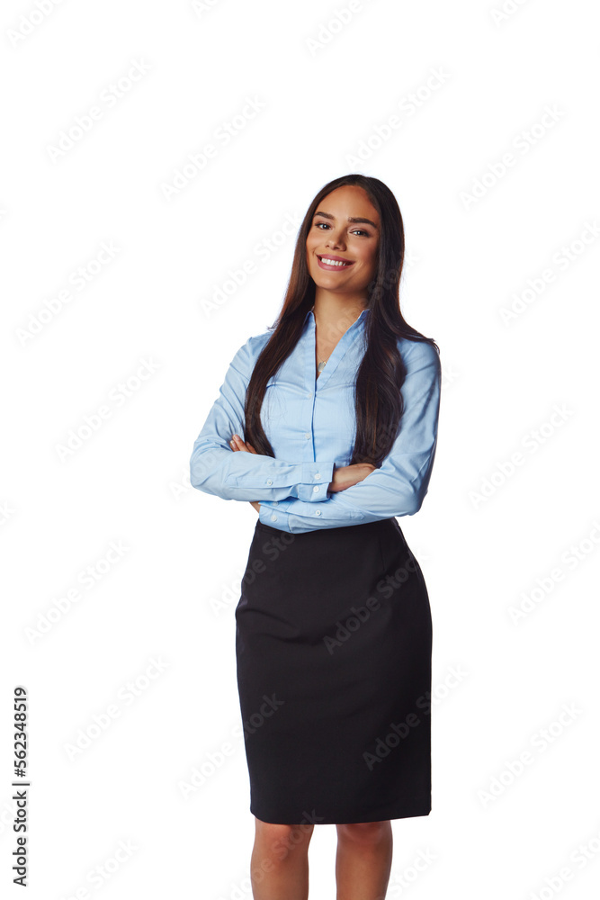 Isolated, business and portrait of woman with mockup in white background studio for management, leader and fashion. Happy, smile and confident with Brazilian girl and arms crossed for formal and cute Isolated, business and portrait of woman with mockup in white background studio for management, leader and fashion. Happy, smile and confident with Brazilian girl and arms crossed for formal and cute
