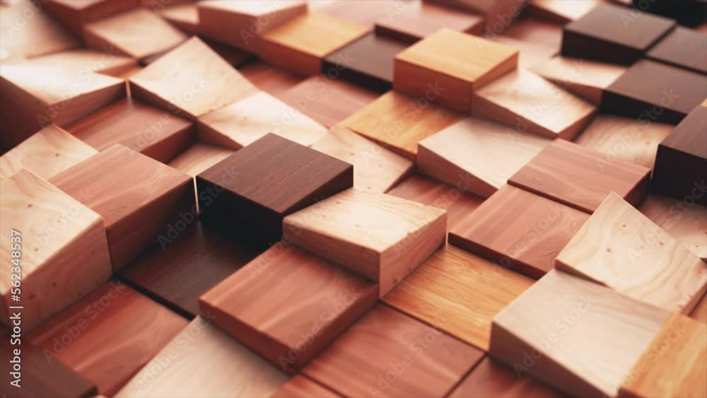 Abstract concept. Wooden rectangular shapes move up and down. Wooden block. Mosaic. 3d animation