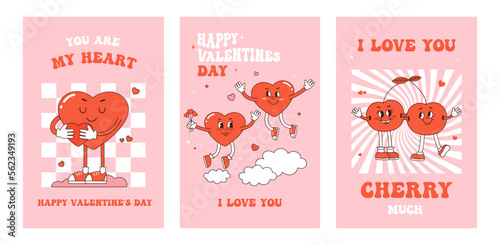 Retro groovy posters. Hippy Love concept. Happy Valentines day greeting card in trendy retro 60s 70s cartoon style. Vector illustration in pink RED colors. Card, postcard, print.