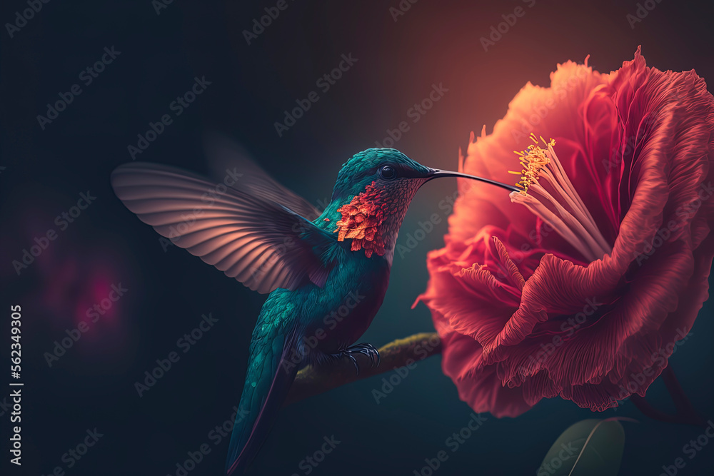 hummingbird feeding on a flower with a dark background - obrazy, fototapety, plakaty 