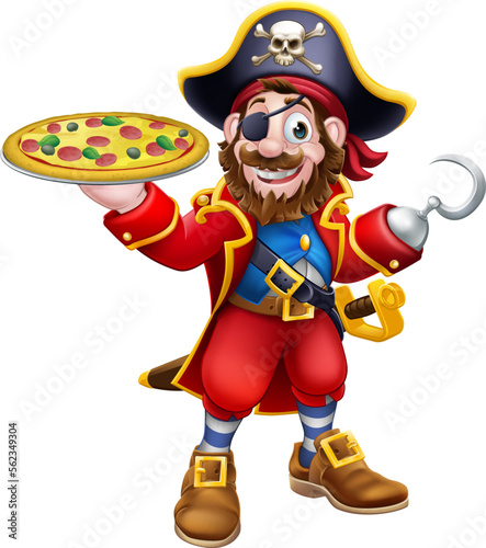 A pirate captain chef or waiter serving pizza cartoon character mascot.