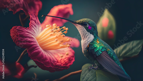 macro photo of a hummingbird perches on a flower with its beak open