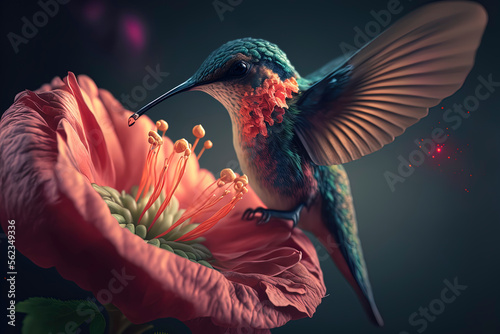 Leinwand Poster macro photography of a hummingbird feeding on an hibiscus flower