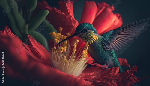 beautiful macro photography of a hummingbird feeding on an hibiscus flower, close-up, hummingbird perches on a flower