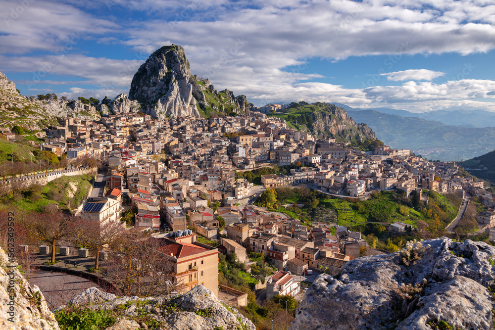 Caltabellotta, Sicily, Italy. Aerial cityscape image if historic town Caltabellotta in Sicily at sunrise.