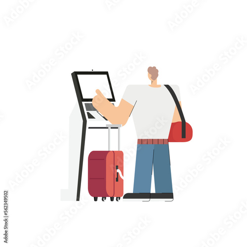 passenger using self check in kiosk for printing boarding pass plane ticket and loading luggage ready for departure in airport terminal