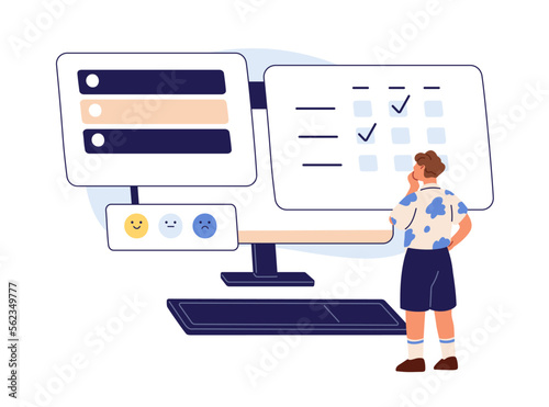 Online survey, internet feedback, user review, opinion, marketing questionnaire concept. Customer assessing service quality, answering question. Flat vector illustration isolated on white background