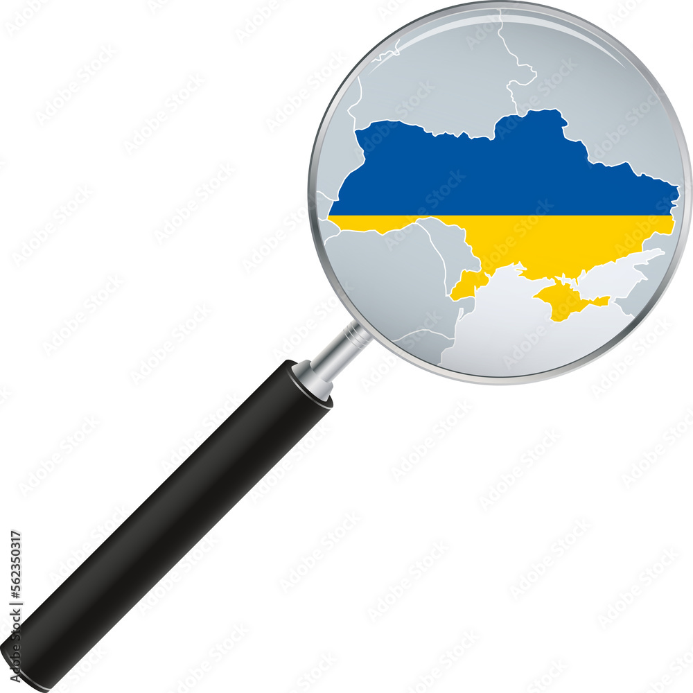 Ukraine map with flag in magnifying glass.