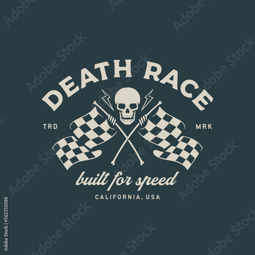 Skull with racing flag. Logo design illustration