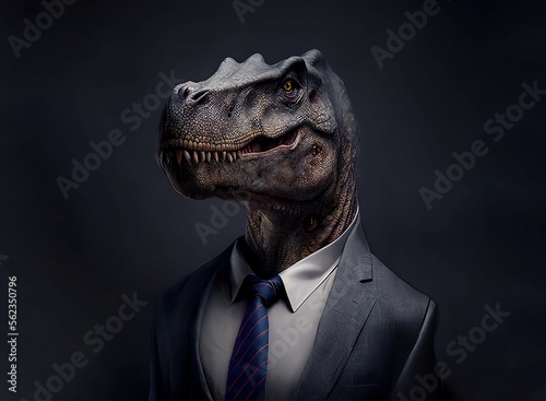 Portrait of a dinosaur in a business suit created with Generative AI Technology