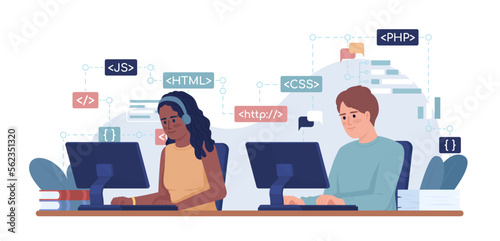 IT company 2D vector isolated illustration. Employees working in open workspace flat characters on cartoon background. Colorful editable scene for mobile, website, presentation. Comfortaa font used