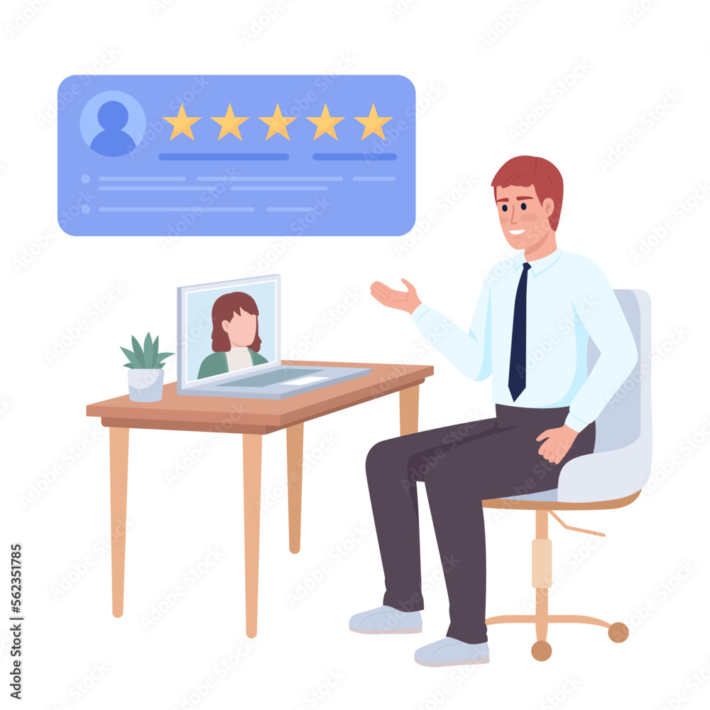 HR manager satisfied with virtual job interview semi flat color vector character. Editable figure. Full body person on white. Simple cartoon style illustration for web graphic design and animation HR manager satisfied with virtual job interview semi flat color vector character. Editable figure. Full body person on white. Simple cartoon style illustration for web graphic design and animation