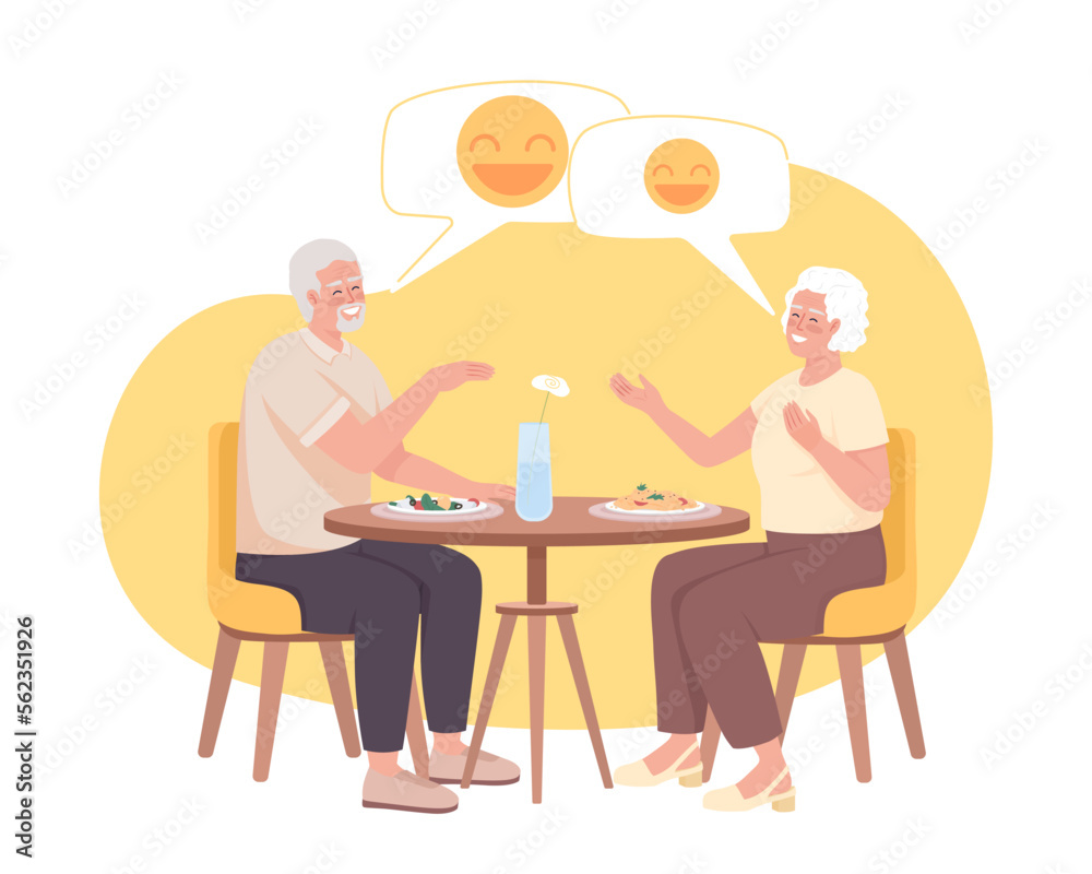 Senior couple having dinner together and laughing 2D vector isolated illustration. Older friends flat characters on cartoon background. Colorful editable scene for mobile, website, presentation